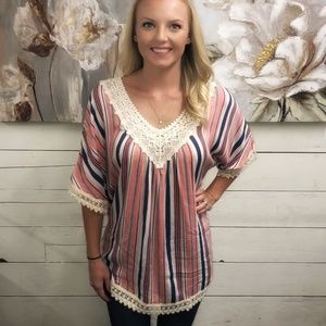 Striped Lace Trim Tunic Top - Blue Pink